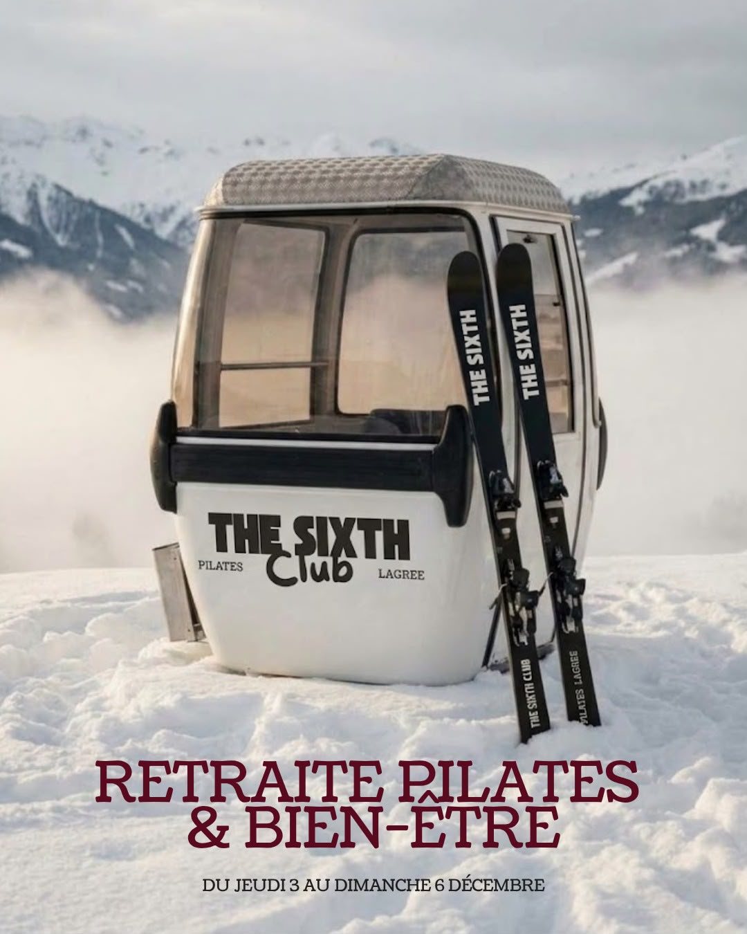 Télécabine The Sixth Club dans la neige — Retraite Pilates & Bien-être, du jeudi 3 au dimanche 6 décembre